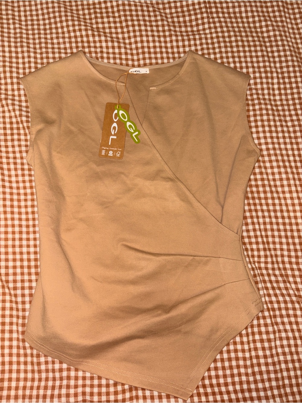 OGL Movement Women's Sleeveless Asymmetrical Wrap Top in Camel